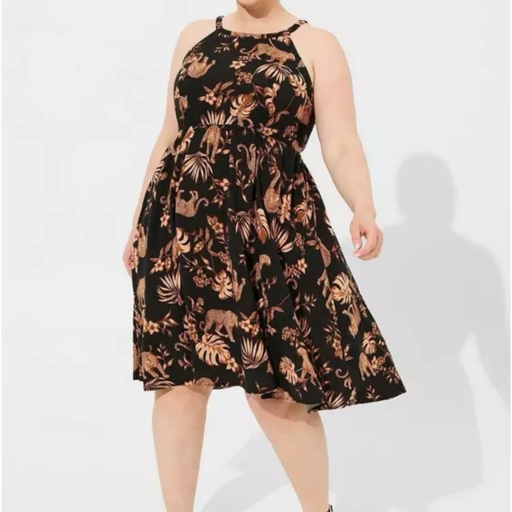 TORRID Roaming Leopard Halter Hi-Low Knee Length Challis Skater Dress Black 4 4X